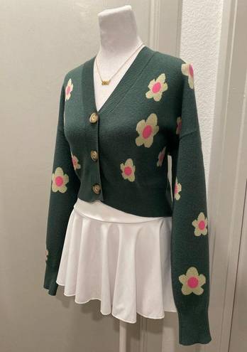 Daisy Bailey Rose Green Pink & Pale Yellow  Floral Cropped Cardigan Sweater - S