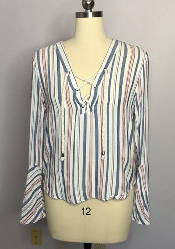 Vintage Havana Stripe Nautical Top with Rope Tie Front- Bell Sleeve- M