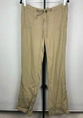 Cynthia Rowley Tan 100% Linen Wide Leg Back Pocket Flap Casual Roll Up Pants