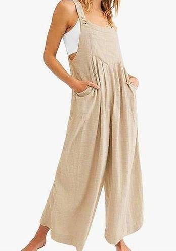 Casual Loose Wide Leg Flowy Pleated Tank Cotton Overalls Pockets XL Tan