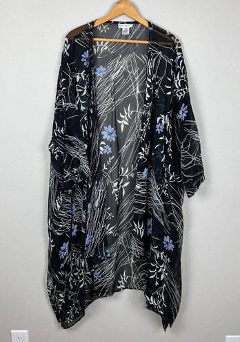 Ulla Popken‎ Kimono Duster Womens 32/34 Black Floral Colorful Sheer 3/4 Sleeve