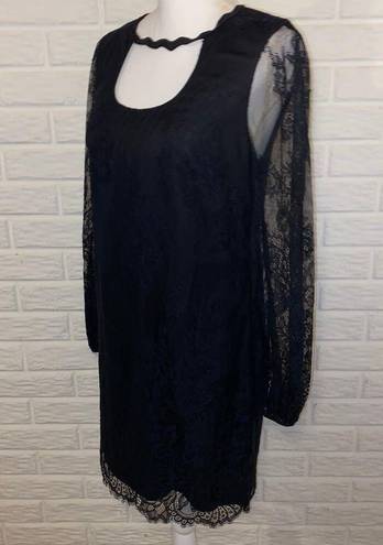 Trina Turk  Lace Overlay Mini Dress Cut Out Neckline Sheer Balloon Sleeve Black 4