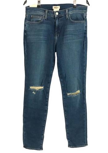 L'AGENCE MON JULES PERFECT FIT JEANS in AUTHENTIQUE DISTRESSED Size 27 NWT Reg $250  SIZE 27” inseam 28.5" rise 9.25" leg opening 5.75" Elevate your denim game with these  MON JULES jeans in a beautiful blue color and solid pattern. The distressed accents give them an authentique look, while the mid-rise and straight style provide a perfect fit. These jeans feature a zip closure and belt loops, making them a stylish and practical addition to your wardrobe.   Made with a blend of polyester, spandex, cotton, and denim fabric, these jeans boast a stretchy and comfortable feel. With a 28.5" inseam and 5.75" leg opening, these jeans are perfect for any season and occasion. Get ready to rock these jeans and unleash your inner fashionista!