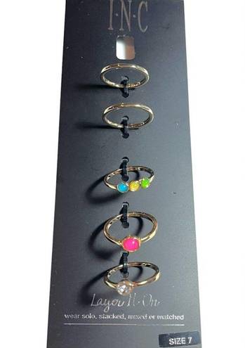 INC NEW  (5) STACK RING SET Size 7 Gold Tone Crystal Stone Pink Green Blue Yellow