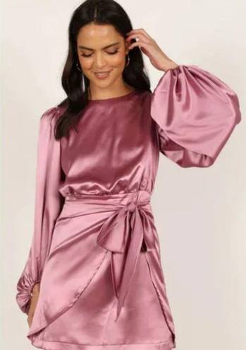 Petal and Pup  Opal Mauve Purple Satin Long Balloon Sleeve Wrap Mini Dress 10