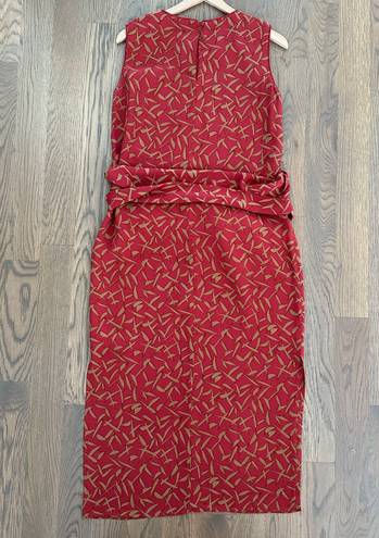 Doncaster Vintage 100% Silk Sleeveless Tie Waist Dress in Red and Khaki Size 8