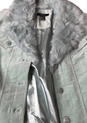 Arden B Womens  Mint Green Rabbit Fur Collar Belted Jacket Rhinestone Buttons Y2K