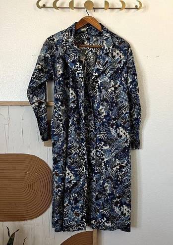 Vintage Blue  Abstract Printed Cotton Long Collared House Duster Blazer Trench