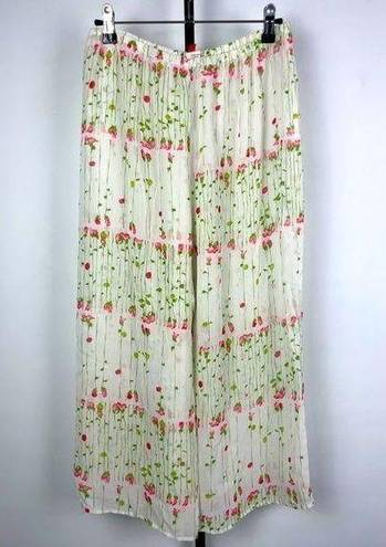 Natori Josie  White Rose Bud Floral Wide Leg Sheer Cropped Lingerie Sleep Pants