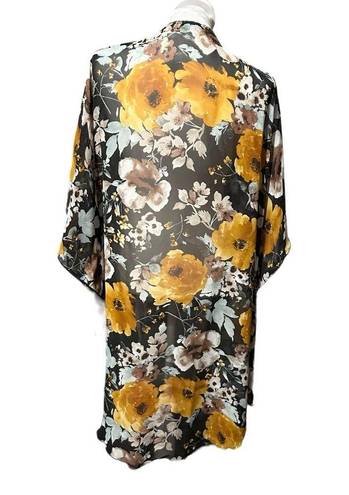 Emory park  Women Yellow & Black Floral Print Kimono Wrap Beach Cover Up Size L