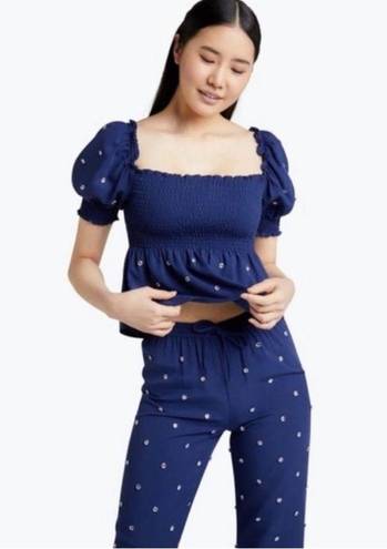 Hill House  Jeweled Jammie Top in Navy Blue Puff Sleeves