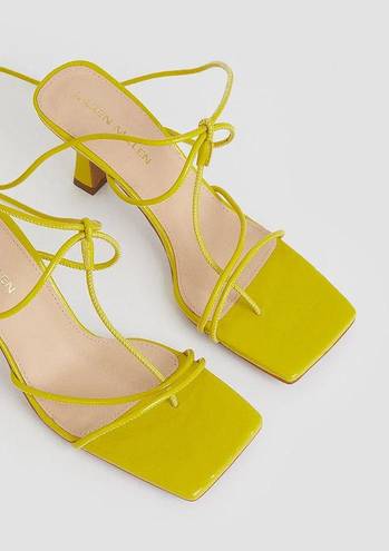 Karen Millen  Leather Ankle Tie Heeled Sandal Lime Green Yellow Neon Square Toe