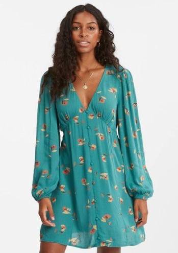 Billabong Blue Teal Floral Days on End Long Sleeve Button Mini Dress size XL