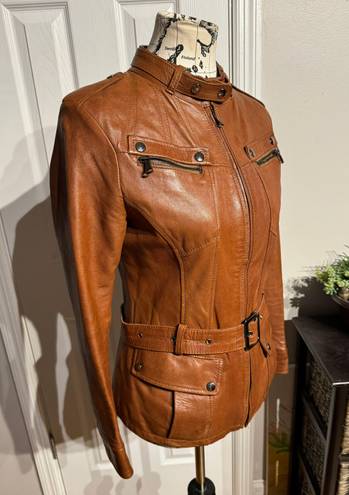 Vera Pelle Lory  ITALIAN BEAUTIFUL GENUINE LEATHER  BELTED JACKET , MADE WITH SOFT LAMBSKIN ! COLOR : BROWN DISTRESSED motorcycle Sz 42 Cognac Solofra Italy