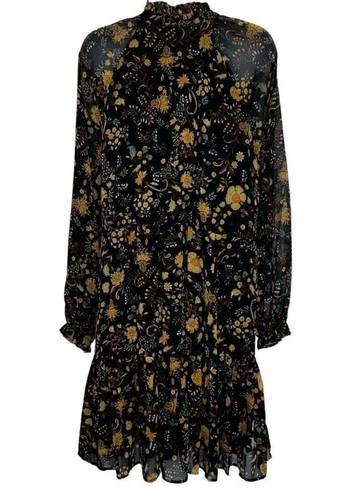 Harper  241 Gorgeous Black Floral Chiffon Ruffle Trim L/S Dress NWOT Size 12