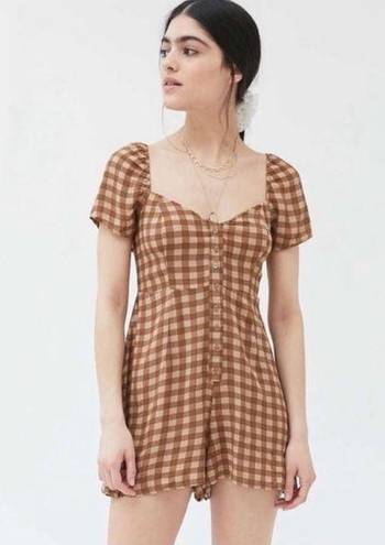 Urban Outfitters  Pocketful of Sunshine Brown Gingham Puff Sleeve Romper size S