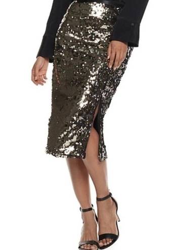 Nine West  Sz XL Black Gold Sequin Sparkle Pencil Skirt Front Slit Elastic Waist