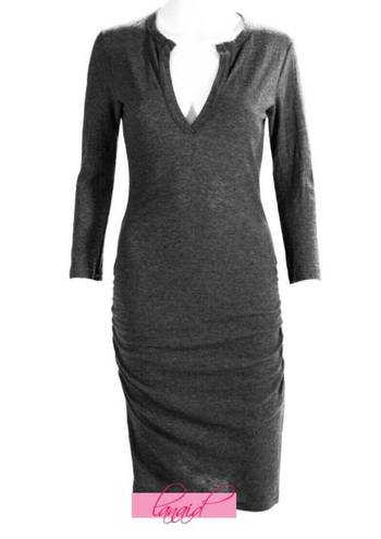 James Perse Henley Dress Deep Charcoal Melange Heathered V-Neck Ruched Mini 0 XS