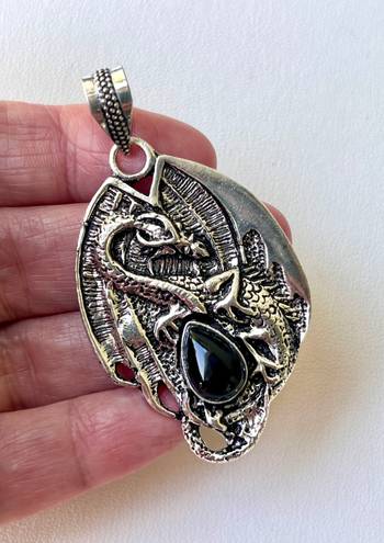 Onyx Dragon Natural Black  Sterling Silver 2.4” Pendant