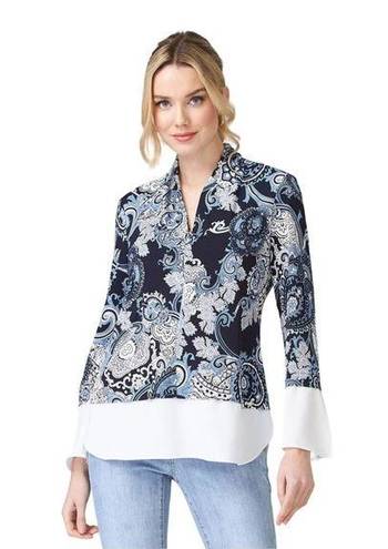 Joseph Ribkoff  Paisley Tuxedo Collar V-neck Trumpet Sleeve Blouse Size 10