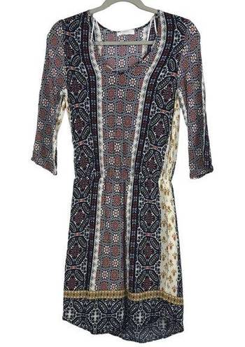 Renee C  Boho Dress Mixed Pattern 3/4 Sleeve Drop Waist Knee Length Size S