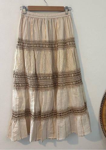 NWT NAOO cream and gold shimmer tiered peasant style maxi skirt size medium Tan