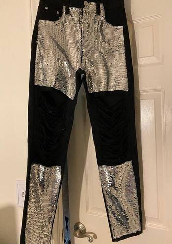 Pretty Little Thing NWOT Black Distress Jeans w/Silver Sequins 🤩