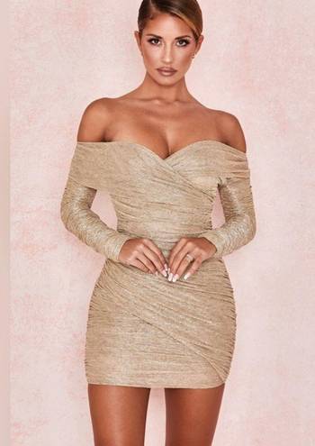 House Of CB NWT  Felicity Gold Ruched Mesh Off Shoulder Dress