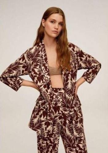 Mango  Women Notch Collar Long Sleeves Tropic Print Linen Blazer, Beige Brown XS