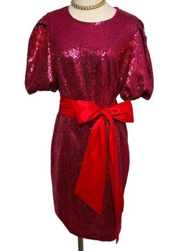 Krass&co NY &  Sequin puff sleeve mini dress magenta pink red sash bow size large L