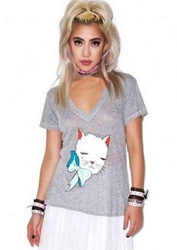 Wildfox NEW  Hippie V-Neck Mon Petit Kitten Cat Heathered Gray A-Line Top Shirt