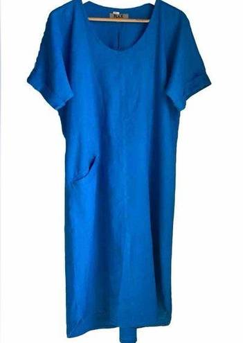 Flax  Designs LINEN Sage Boho V-neck Midi Tunic Dress in Ocean Blue w Pocket SZ S