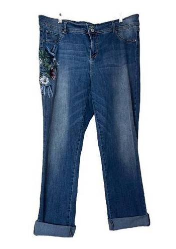 INC  Denim Jeans Boyfriend Regular Fit Stretch Floral Embroidery Women’s Size 16