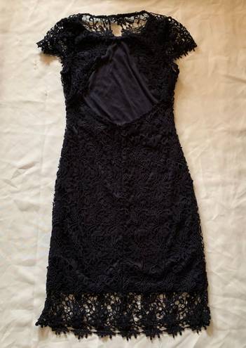 Harper Navy Blue Crochet Lace Open Back Dress Small, Fitted Mini Dress