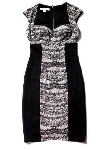 Boston Proper  Black Lace Print Colorblock Scuba Stretch Sheath Dress 4