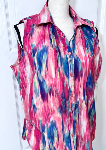 Lemon Grass Studio Lemongrass Sleeveless Collared Button Down Shirt size L Pink Blue Multicolor