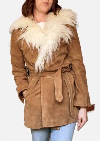 Paige  Kairo Suede Leather Penny Lane Faux Fur Jacket Light Camel Tan Small