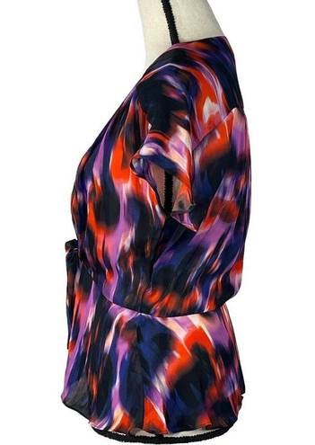 Parker  Small Peplum Top Hook 'n Eye Closure Tie Front Cap Sleeve Abstract V-Neck