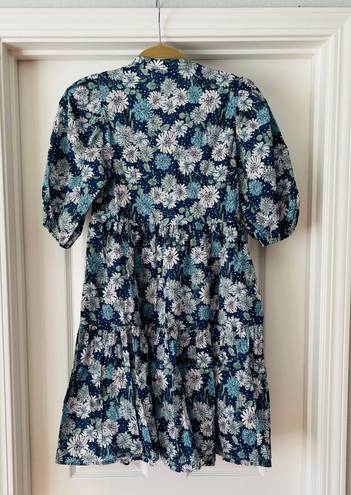 Uniqlo x Paul & Joe Navy Blue Floral Print Button Down Puff Sleeve Tiered Dress