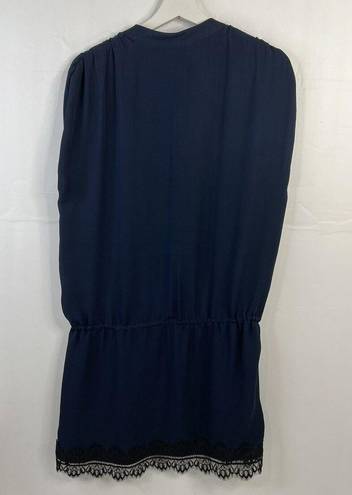 Haute Hippie   Size S Silk Navy Blue Dress Lace Trim V-Neck Mini Ruched Shoulders