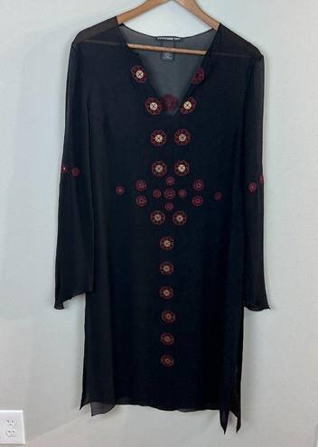 Vivienne Tam  Tunic‎ Top 3 (Large) Black 100% Silk Sheer Embroidery Slits