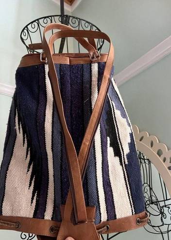 indigo. Handwoven Jacquard Bag Backpack Purple Blanket Wool Leather