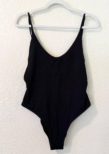 Aerie Textured Crinkle Scoop Low Back High Cut Swim One Piece in Black Size M