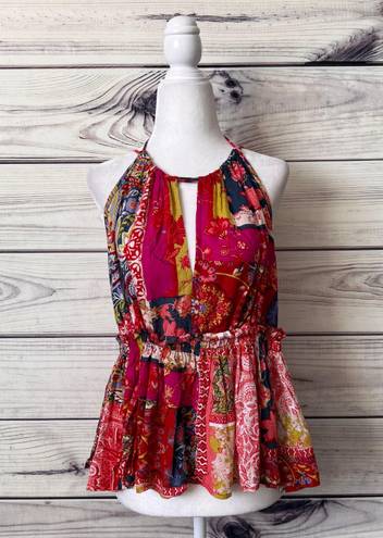 Rachel Zoe Multicolored Patchwork Floral Paisley  Peplum Cutout Halter Top