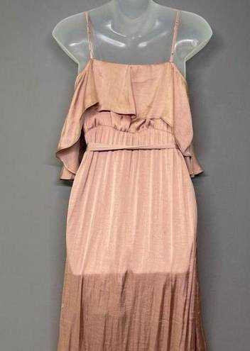 Bardot  Dress Womens 6 Bea Cold-Shoulder Ruffle Wrap Biscotti Dusty Pink Satin