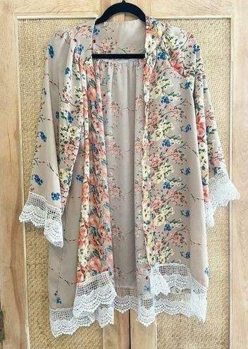 Saved by the Dress Floral Kimono Robe Duster Taupe Tan Size Large Cover Up Boutique