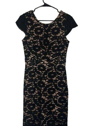 Esley  Black & Cream Lace Overlay Short Capped Sleeve Bodycon Dress Women Sz S