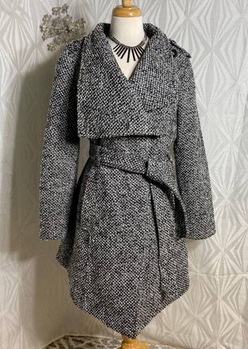 GUESS |  Black & White Tweed Wool Blend Coat Belted