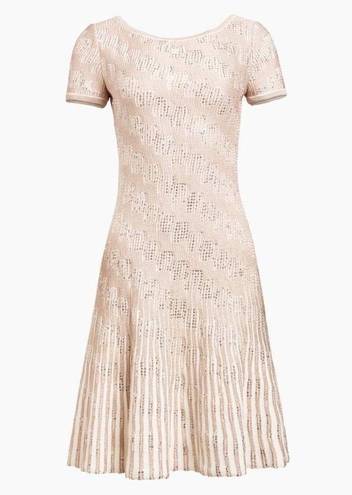 St. John  Inlay Sequin Trellis Knit Fit & Flare Dress Cream Metallic Gold 14 NWOT