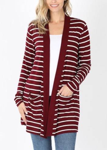 Zenana Outfitters Burgundy & White Striped Long Cardigan